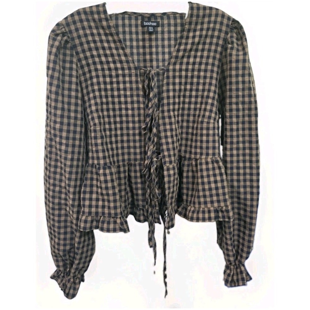 Boohoo Womens Gingham Tie Front Peplum Top Brown Black Long Sleeve Blouse US 12